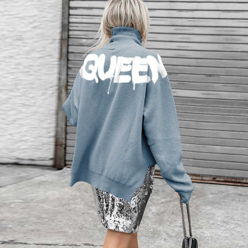 Women Casual Turtleneck Queen Printed Sweatshirt Autumn Long Sleeve Oversize Pullover Tops Streetwear Fashion Side Split Hoodies 210927