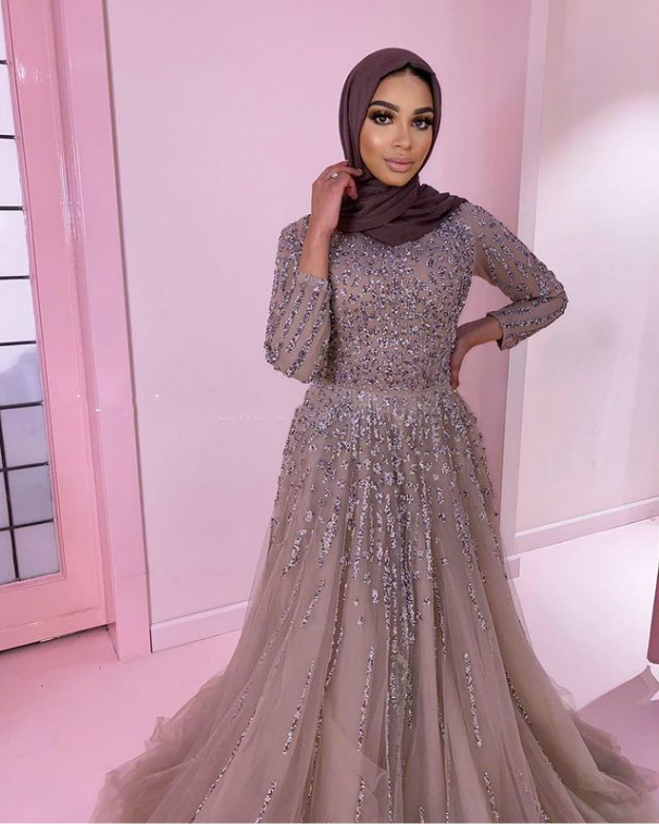 2021 Plus Size Arabic Aso Ebi Luxurious Beaded Sexy Muslim Prom Dresses Long Sleeves A-line Evening Formal Party Second Reception Gowns Dress ZJ445