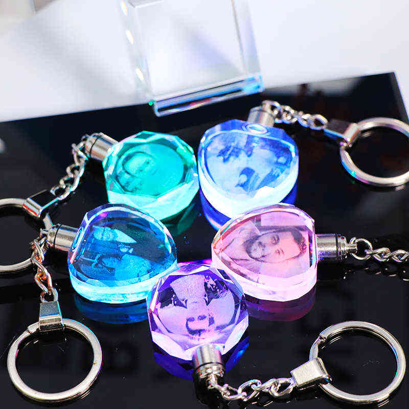 Custom K9 Crystal Key Chain Personalized Photo Pendant Picture Key Ring Trinket Laser Engraved LED Light Keychain Unique Gift H1126
