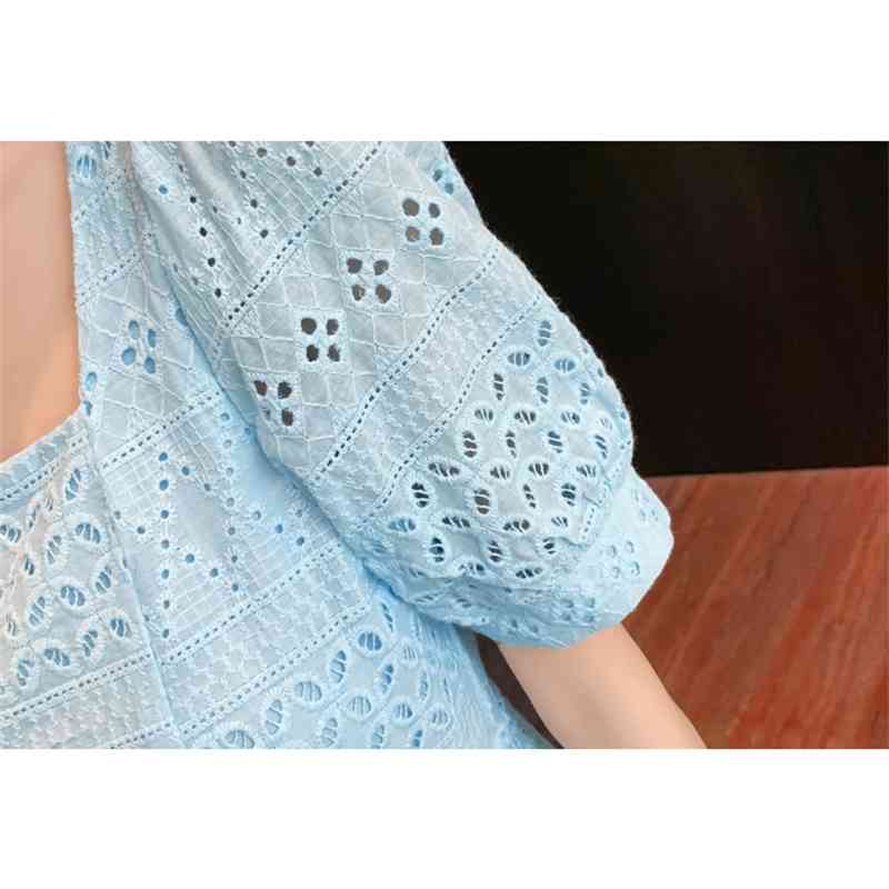 Retro Square Collar Slim Waist Women Summer Dress Elegant Puff- Sleeve White Female Lace Hollow Out Embroidery 210520