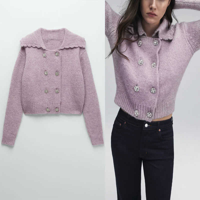 ZA Double Breasted Jewel Button Knit Cardigan Women Long Sleeve Vintage Purple Sweater Woman Fashion Soft Knitted Tops 210602
ZA Double Breasted Jewel Button Knit Cardigan Women Long Sleeve Vintage Purple Sweater Woman Fashion Soft Knitted Tops 210602