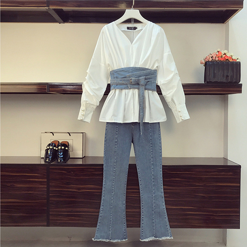 Cool Girl Design 2 piece Set Women High Quality V-neck Lantern Sleeve White Tshirt and Denim Pants Suits With Free Cowboy Girdle 210525, Blue
Cool Girl Design 2 piece Set Women High Quality V-neck Lantern Sleeve White Tshirt and Denim Pants Suits With Free Cowboy Girdle 210525, Blue