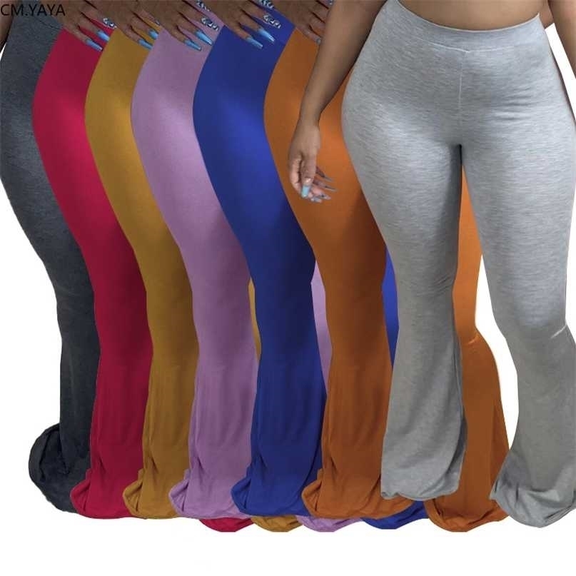 CM.YAYA Casual S-4XL Plus Size Women Elastic Wide Leg Flare Pants Leggings High Waist Trousers Draped Jogger Sweatpants 211115