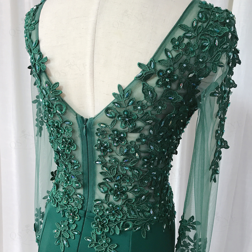 Green Prom Dresses 2022 Elastic Mermaid Long Dress Women Appliques Lace Formal Party Gown Long Sleeves V Neck Emerald Evening