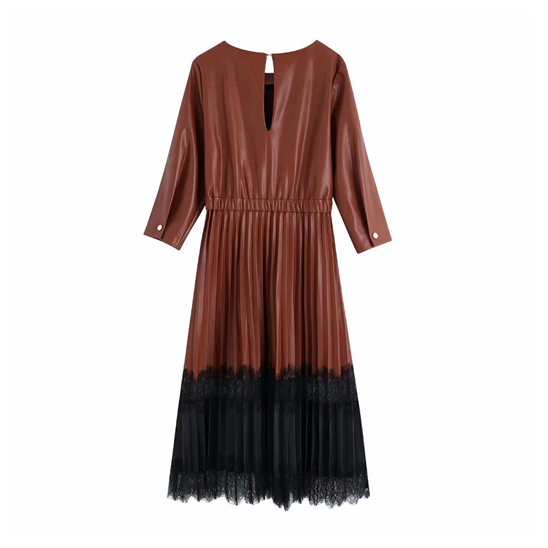 Vintage Lace Patchwork Pu Leather Women Dress Ladies Three Quarter Sleeve Pleated Midi es Fashion Elastic Waist Long 210515