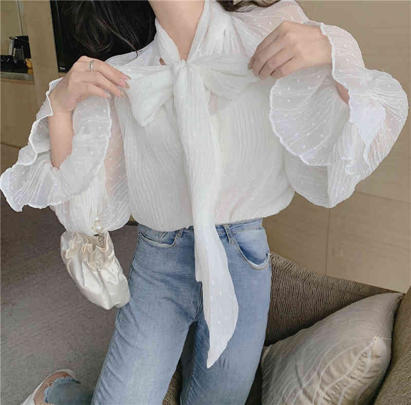 Spring Fashion Women Sweet Tie Bow Chiffon Flare Sleeve Formal Korean Casual Elegant Blouse Female 210519
