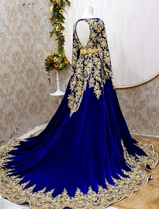 Blue Royal Caftan Marocain De Soire Evening Dresses Long Sleeve Applique A E Plus Size Prom Dress With Cape Vestidos Formale
