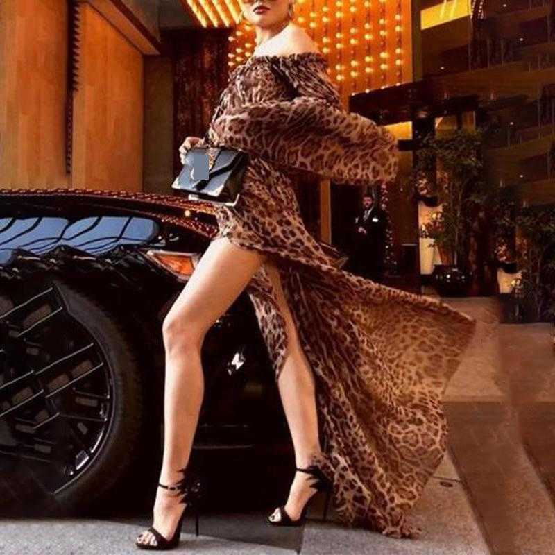 Women Dress Leopard Print Slash Neck Sexy High Waist Split Maxi Long Sleeve Loose Beach es Autumn 210524