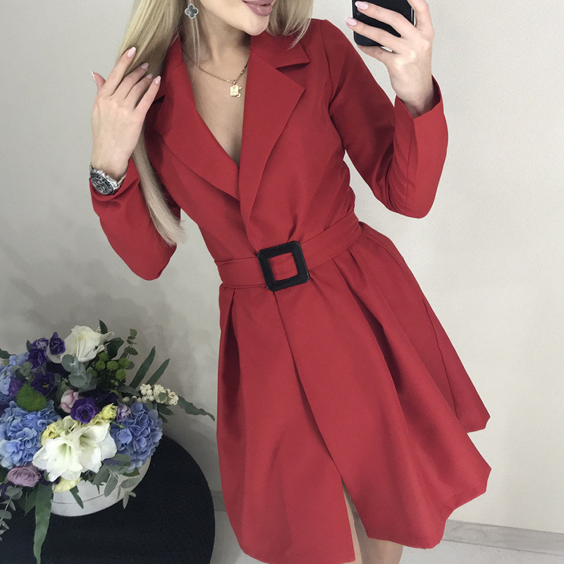 Women Dress Notched Long Sleeve Blazer Temperament Short Ladies es With Belt Girl Fashion es Autumn 210513