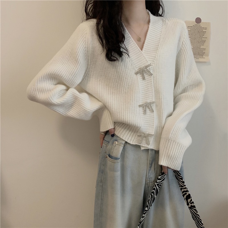 Sweater Autumn V Neck Full Red Knitted Cardigan Short Slim Outfits Bow Diamond Single Breasted Knitwear Top Jumpers Retro Korean 210429