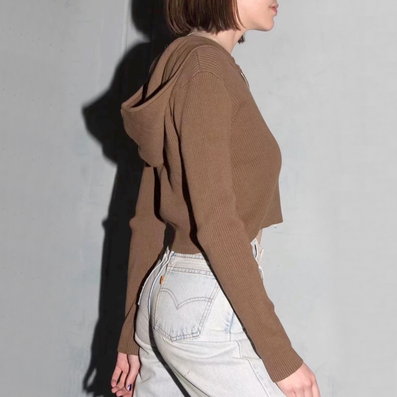 Women Ribbed Kint Zip Up Hooded Cardigan With Silver Zippers Knit Sweater Knitwear 210512