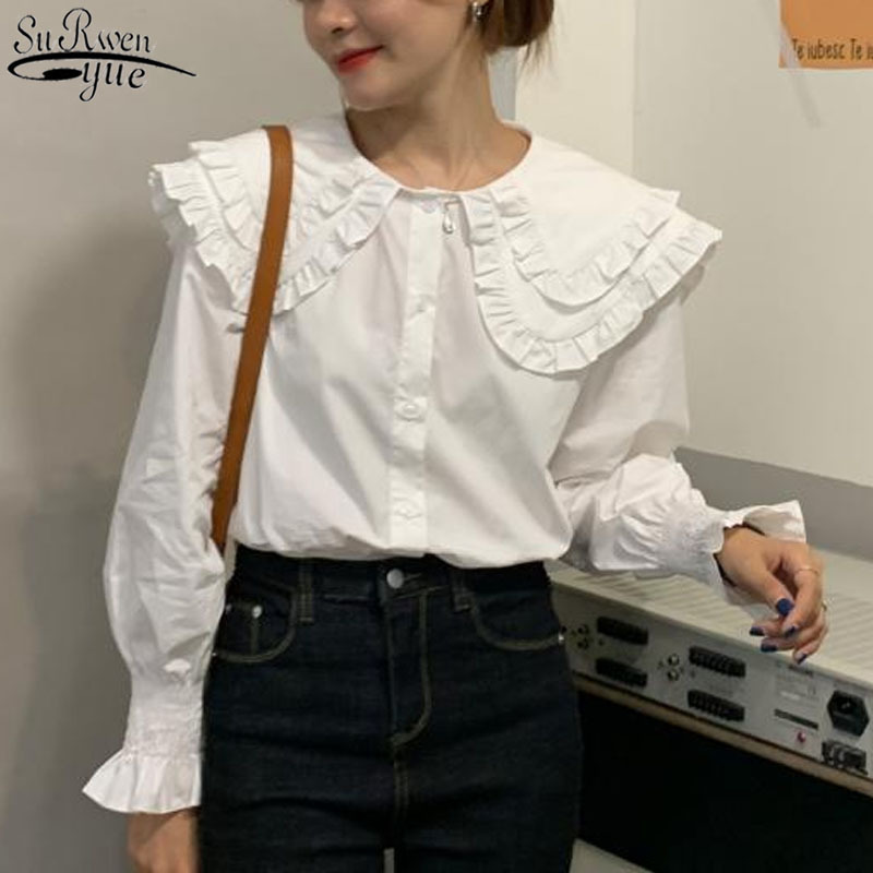 Fashion Long Sleeve White Shirt Women Peter Pan Collar Ruffles Vintage 's Shirts Casual Cotton Blouse Blusa 12392 210427
