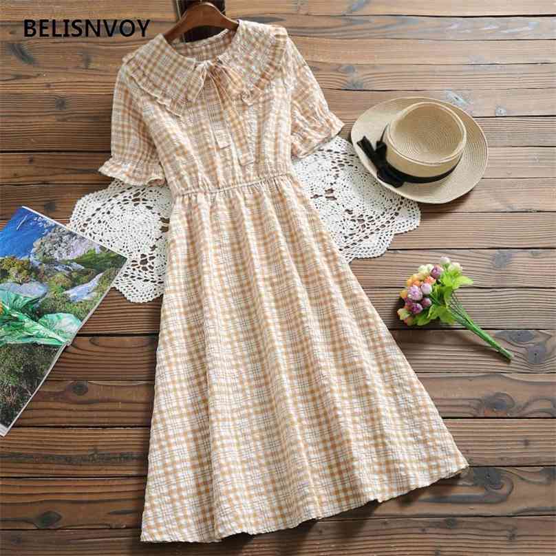 Japanese Mori Girl Summer Women Cute Dress Ribbon Bow Peter Pan Collar Pink Yellow Plaid Midi Flare Sleeve Kawaii es 210520
Japanese Mori Girl Summer Women Cute Dress Ribbon Bow Peter Pan Collar Pink Yellow Plaid Midi Flare Sleeve Kawaii es 210520