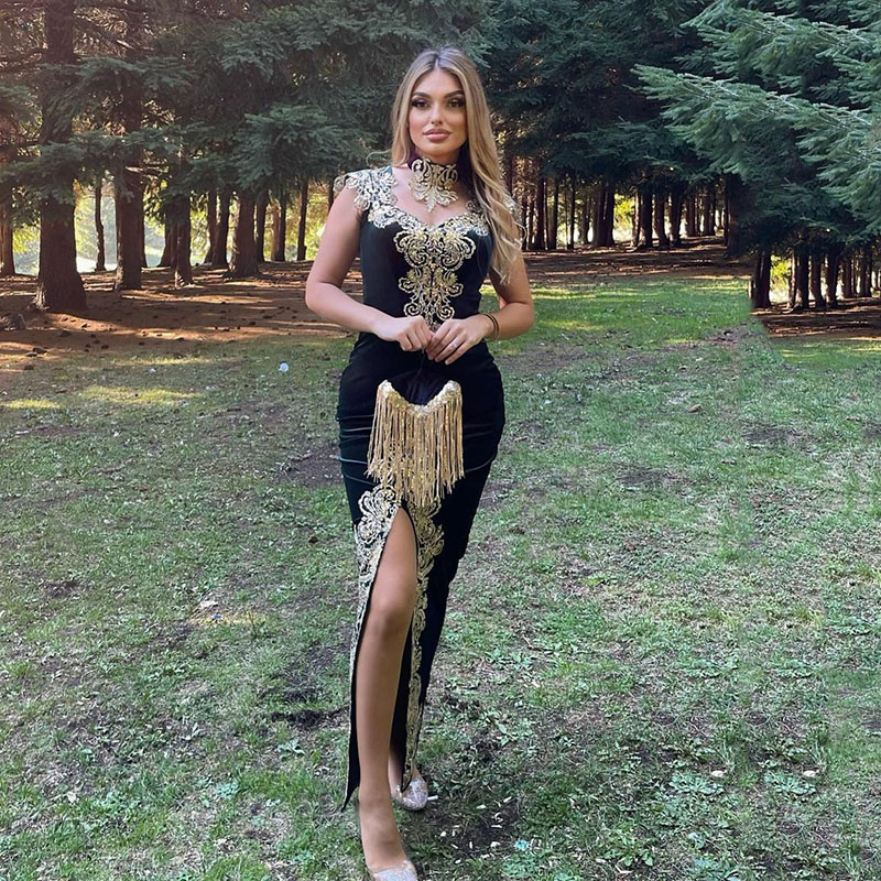 Moroccan Caftan Kaftan Evening Dresses Dubai Abaya Arabic High Neck Gold Embroidery Women Split Prom Formal Gowns