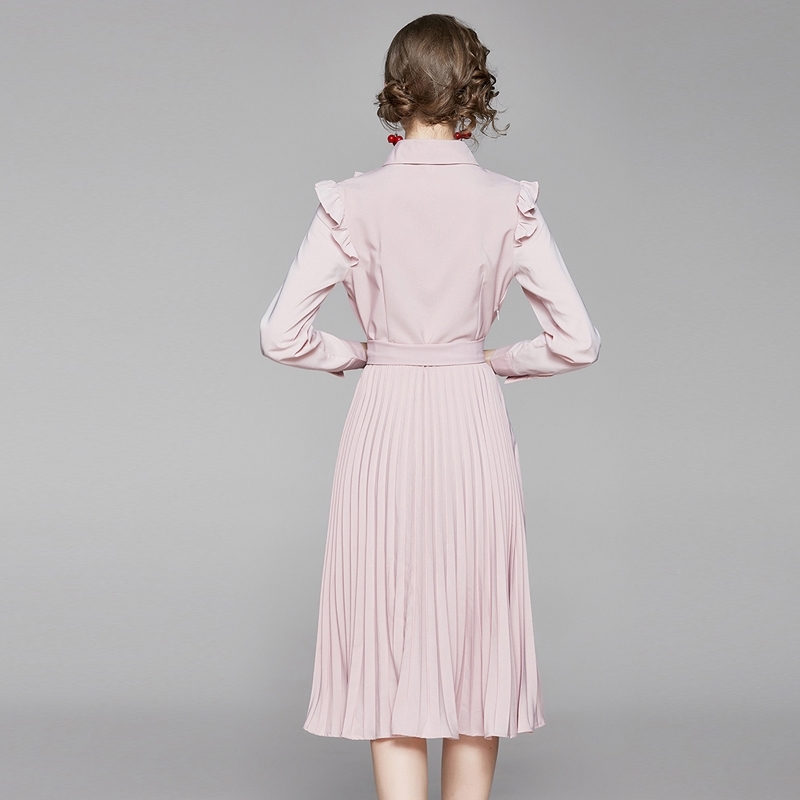 Spring Autumn Women Dress High Quality Fashion Pleated Hem Pink Trimmed With Agaric Laces Send The Belt 210506
