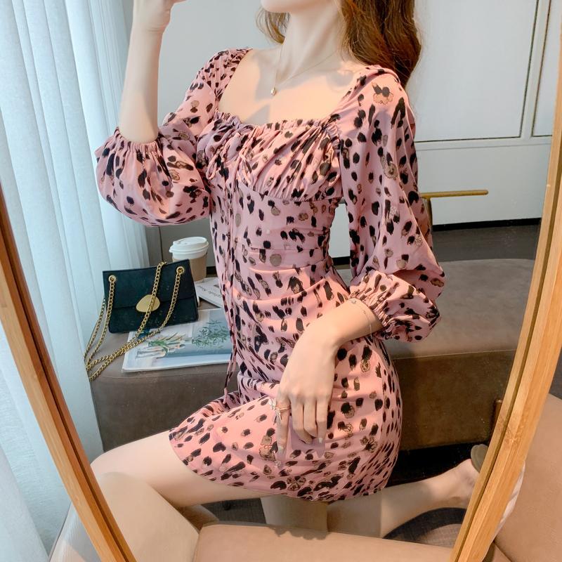 Square Collar Sweet Pink Dresses Women French Fashion Leopard Print Spring Office Lady Mini Vestidos 12974 210506