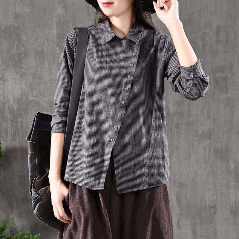 Spring Women Shirt Plus Size Long Sleeve Casual Ladies Tops Cotton Plaid Turn-down Collar Vintage Blouse Shirts D7 210512