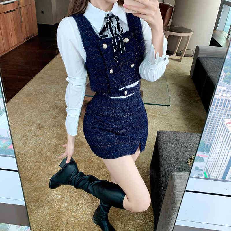 Autumn 3 Piece Set Women Sweet White Long Sleeve shirt + Tweed Golden Double Breasted Vest Crop Top+High Waist Mini Skirt Suit 210518