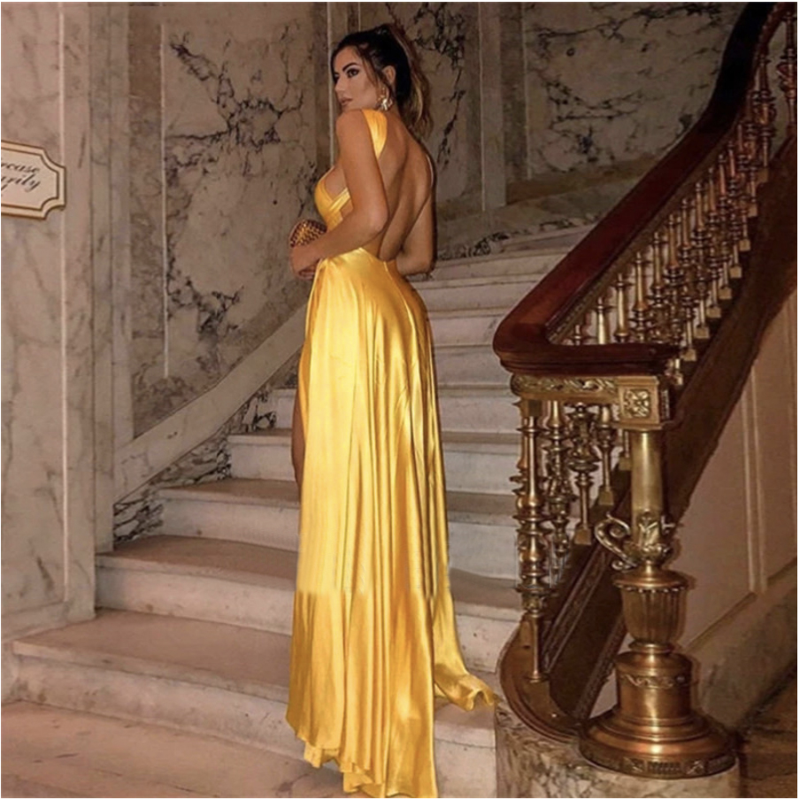 Backless Gold Sexy Long Prom Dresses High Slit A Line Shiny Satin Formal Dress For Women Plus Size Evening Party Gown Cheap