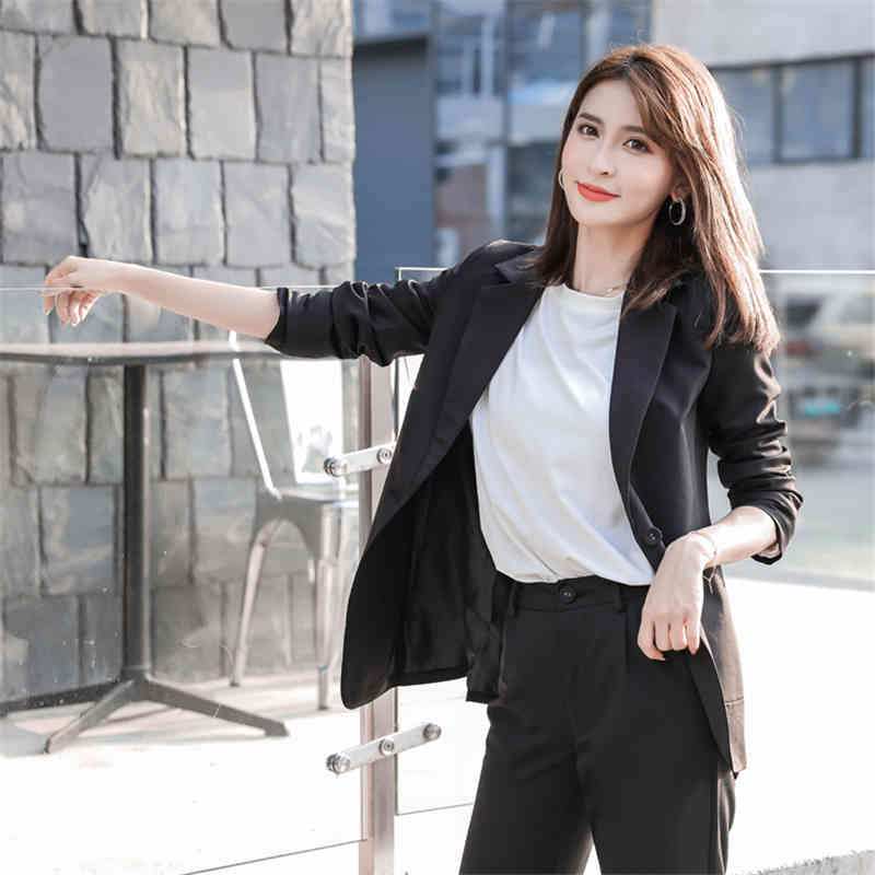 Stylish All Match Office Lady Slim Formal Blazers+High Waist Elegant Straight Pants Suits 2 Piece Sets 210421