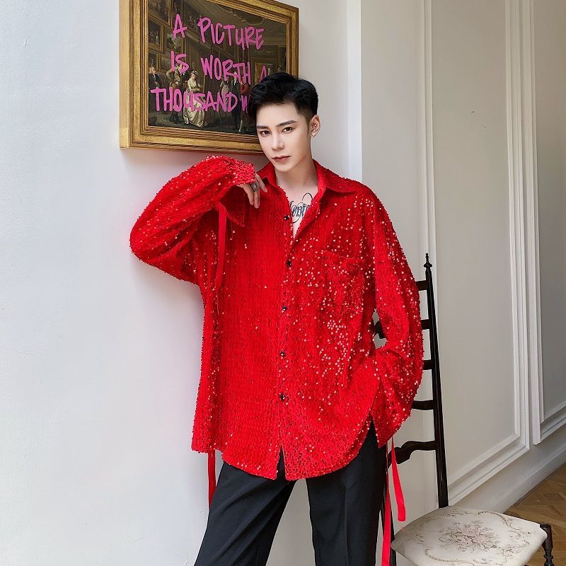 IEFB /men's wear Single-product velvet sequins fashionable lace-up large size black red shirts for male Spring new tops 9Y4068 210410