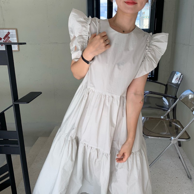 Chic Korean Summer Casual Gentle O Neck Ruffles Pleated Patchwork Loose White Big Swing Flying Sleeve Dress Women Vestido 210429