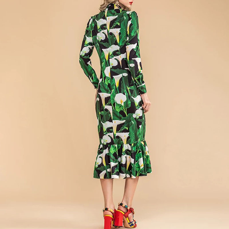 vintageslim bodycon green flower printed crystal buttons double breasted mini ruffles bow collar dress party women robe 210421