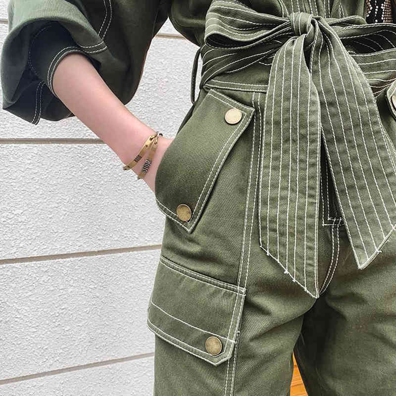 VGH Casual Patchwork Jumpsuit For Women Stand Collar Lantern Sleeve High Waist Lace Up Bowknot Jumpsuits Female Fashion New Fall 210421