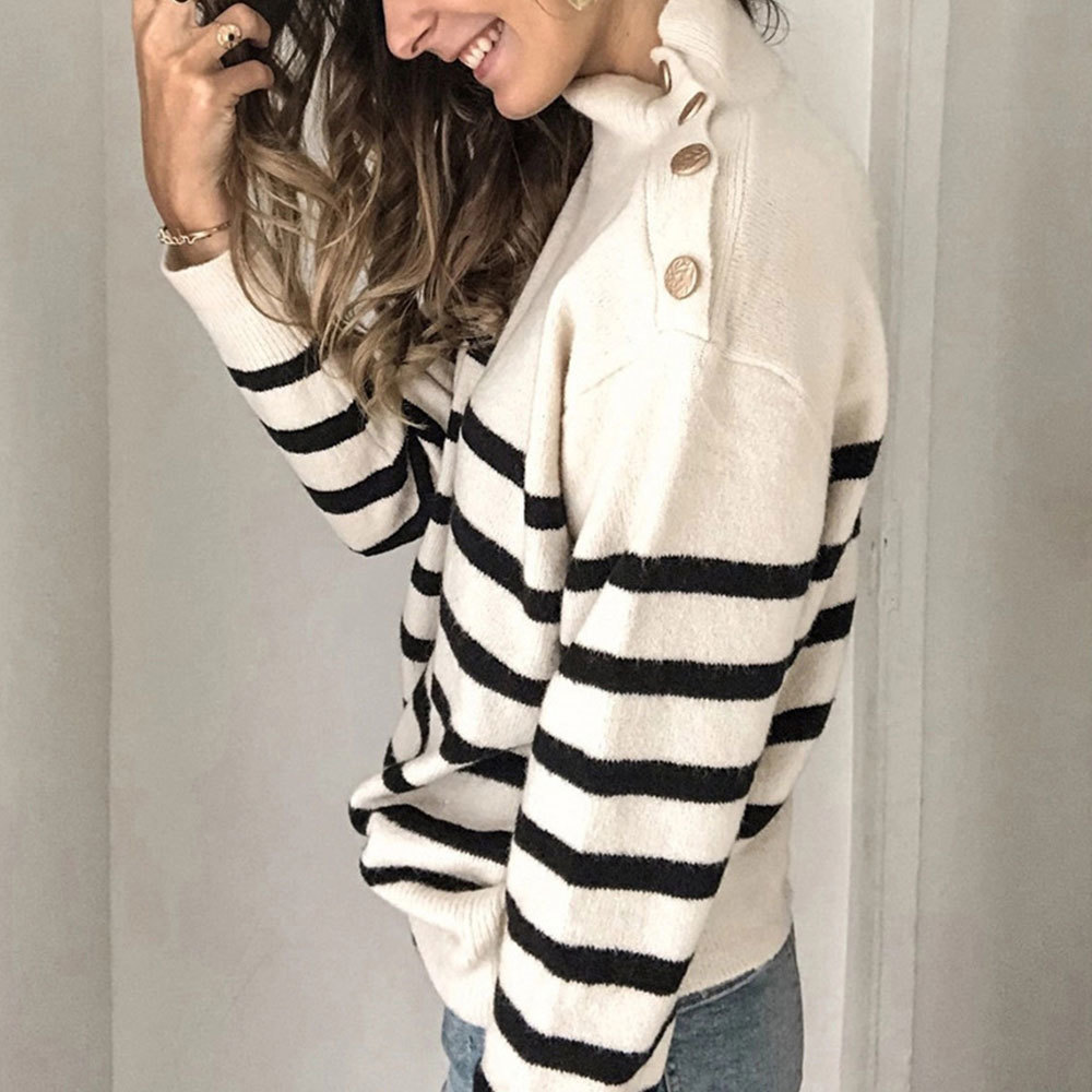 Fashion Striped Button Turtleneck Sweater Autumn Winter Long Sleeve Loose Knitted Casual Pullover Elegant Jumpers 210428