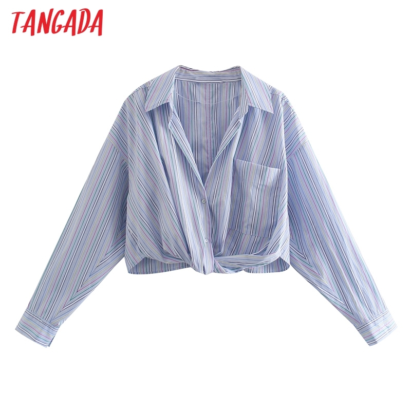 Women Retro Striped Crop Bow Chic Female High Street Shirt Tops JE20 210416