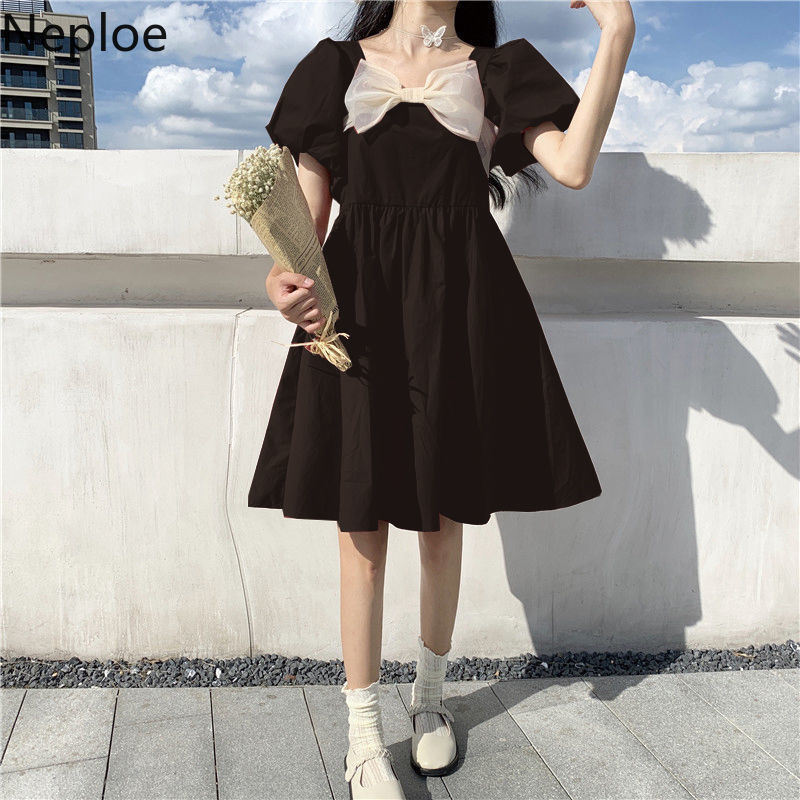 Neploe Preppy Style Women Dress Summer Square Collar Puff Sleeve Vestido Mujer Korean Fashion Bow Loose Black Dresses 94816 210422