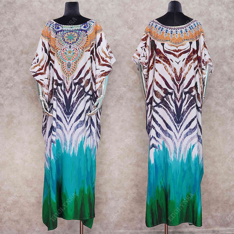 Bikini Cover-ups Women Plus Size Beach Wear Morrocan Kaftan Bohemian Printed Long Summer Dress Boho Swimwear Cover Up Q1074 210420
