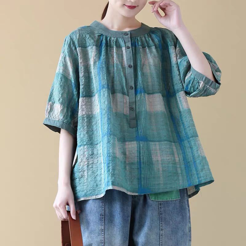 Summer Arts Style Women O-neck Vintage Print Loose Blouse Cotton Linen Half Sleeve Casual Shirts Femme Blusa S796 210512