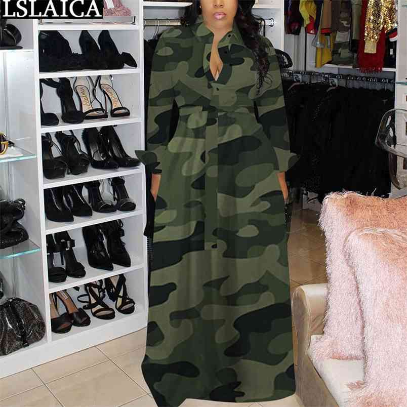 Vintage Long Sleeve Dress Women Autumn Camouflage Print Oversize Maxi High Waist Turn-down Collar Plus Size 210515