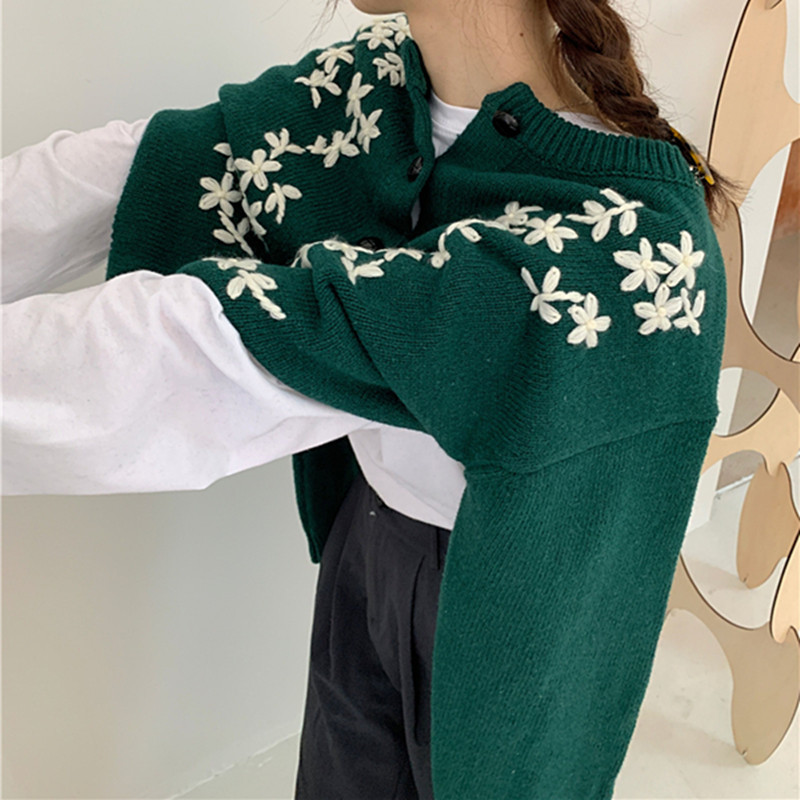 Autumn Winter Sweater Office Lady Work Vintage Floral Embroidery Tops Long Sleeve Knitted Sweaters Cardigan 210421