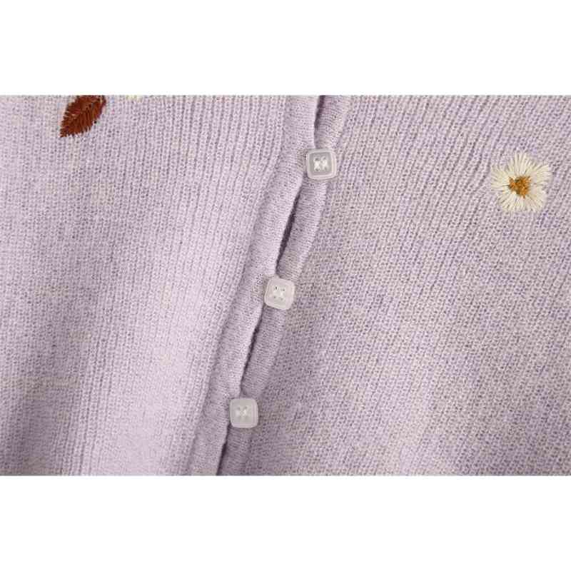 Spring CHIC French Knitting Embroidery Crop Cardigan Sweater Retro Woman V neck Long Sleeve Flower Jumper Short Knitwear 210429