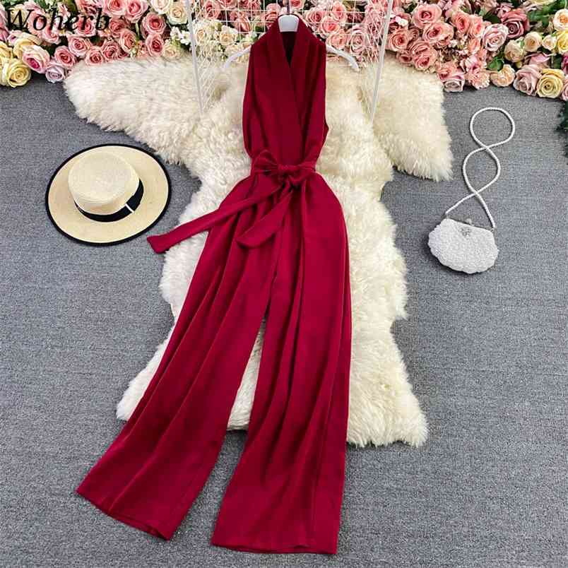 Elegant Jumpsuit Women OL Temperament Rompers Summer Halter V-neck Lace Up Bodysuit Slim Wide Leg Pants Playsuit 210519