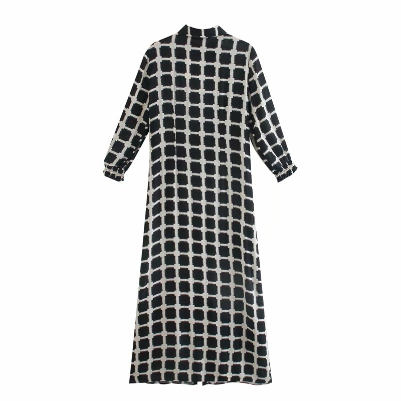 fashion button-fly women long dresses summer casual plaid shirts black print female dress slim girls chic 210430