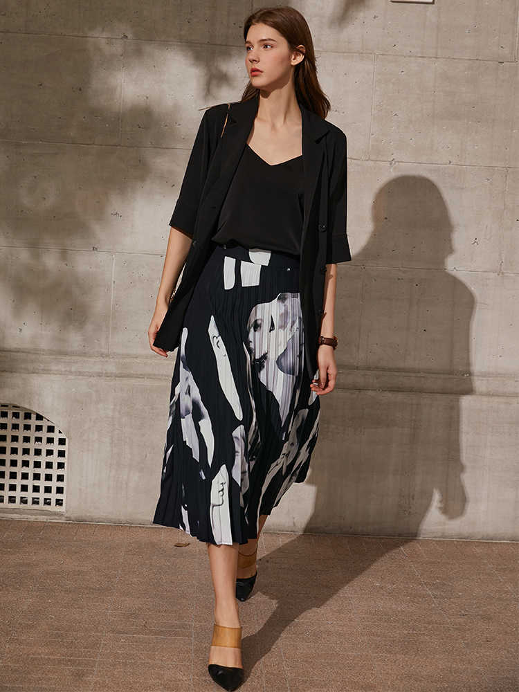 Minimalism Spring Summer Women's Skirt Fashoin Printed Pleated Aline Calf-length Women Chiffon Dress 12170029 210527