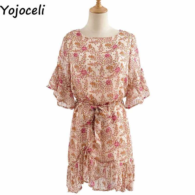 Yojoceli Sexy print ruffle sashes dres Summer elegant casual beach short Female cute daily vestidos 210609