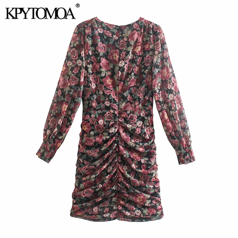 Women Chic Fashion Floral Print Pleated Mini Dress Long Sleeve Back Zipper Female Dresses Vestidos Mujer 210420