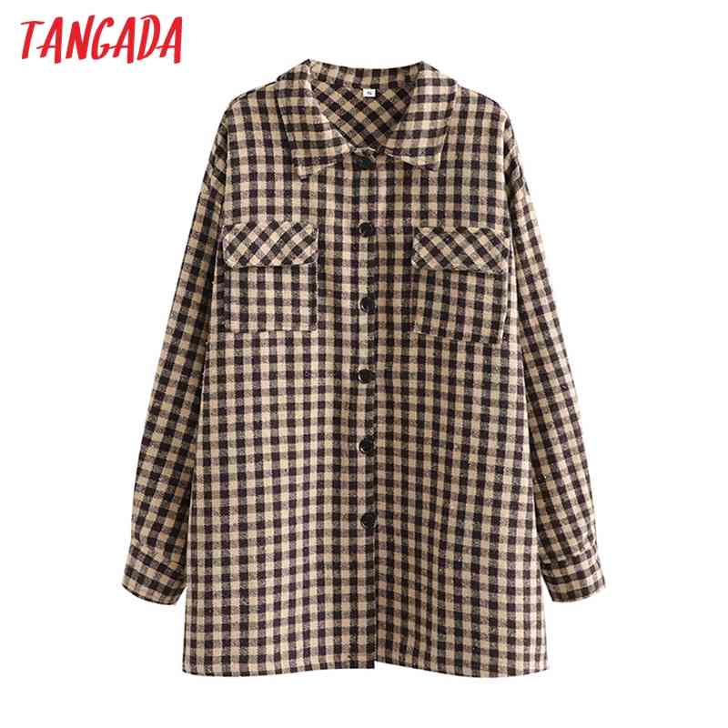 Women Plaid Jacket Turn Down Collar Ladies Long Sleeve Loose Oversize Boy Friend Coat QJ130 210416