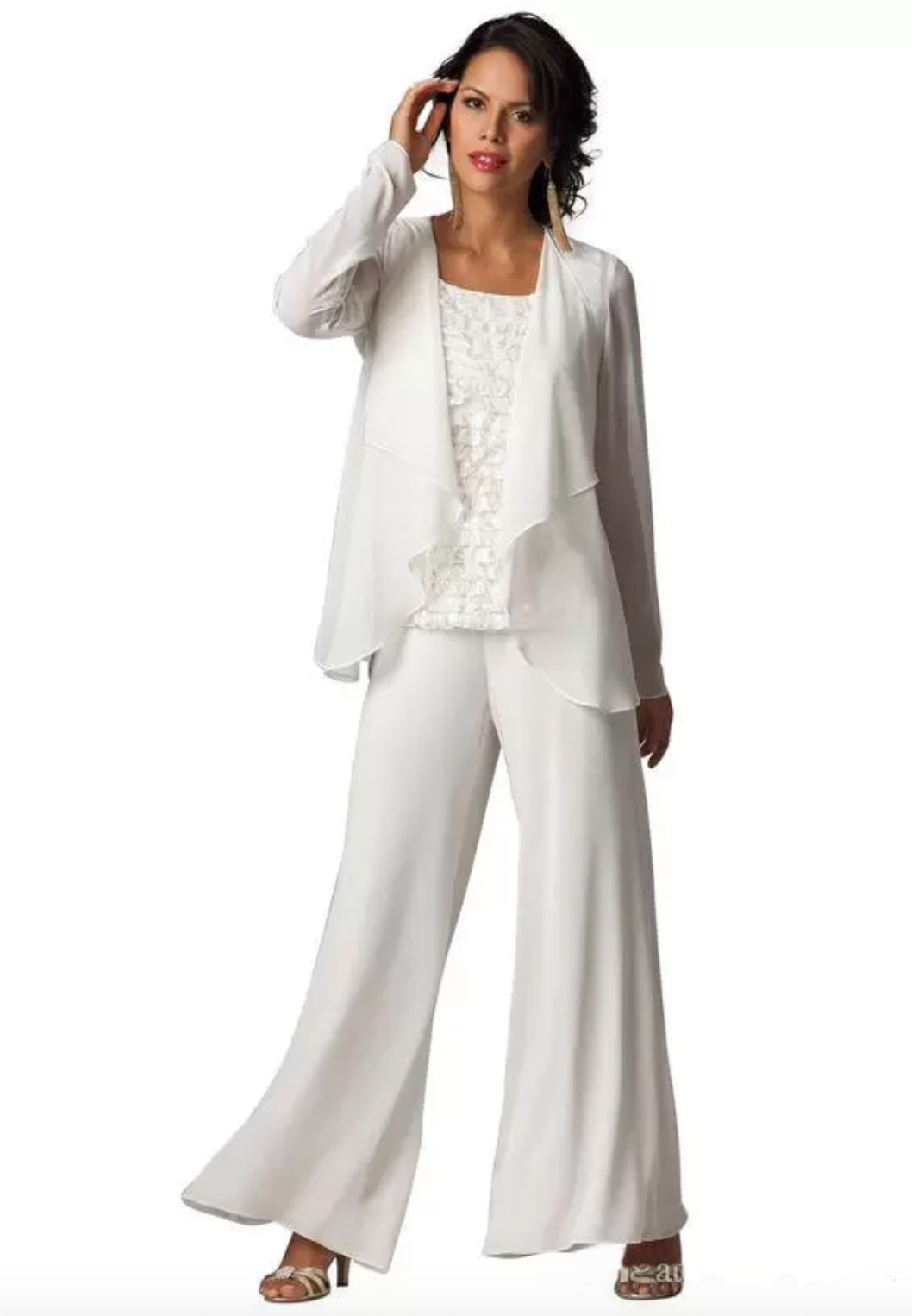 New Fashion Cheap Elegant Chiffon Plus Size Three-Piece Tiered Ruffled Pant Suits Women's Long Sleeve Formal Evening Mother Pant Suits