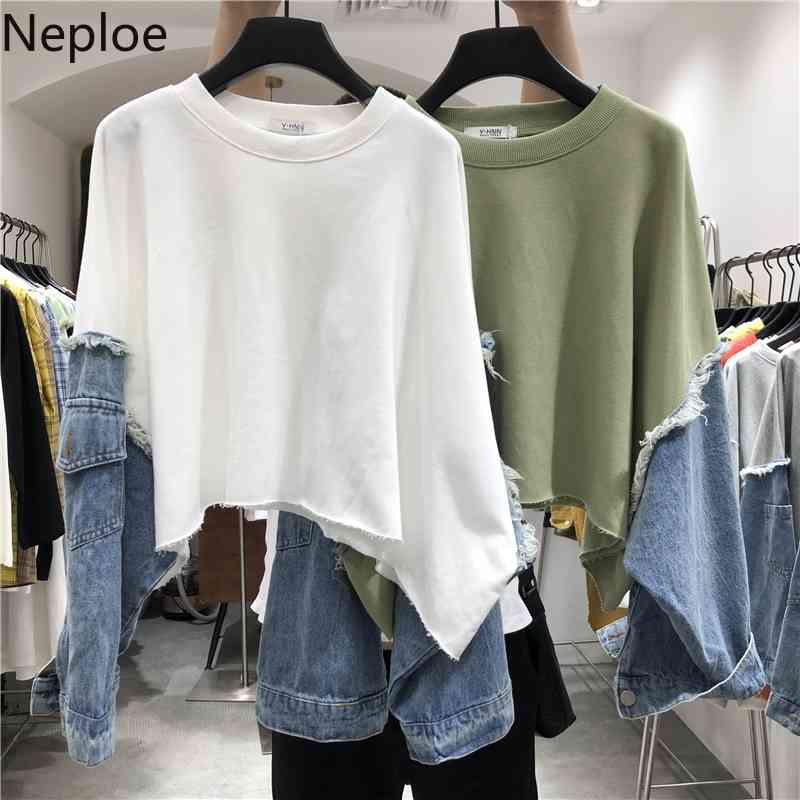 Neploe Korean Fashion Sweatshirts Women Patchwork Jeans Contact Color Hoody O-neck Batwing Sleeve Hoodies Loose Causal Tops 210422