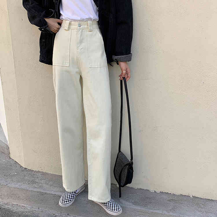 4Color SML spring autumn korean style loose women denim Pants Casual high waist Wide leg long denim jeans pants (F9013) 210423
