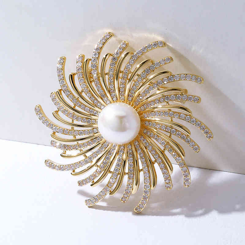 Copper Micro Inlaid Zircon Other Shore Flower Natural Freshwater Pearl Brooch Anti Light Buckle