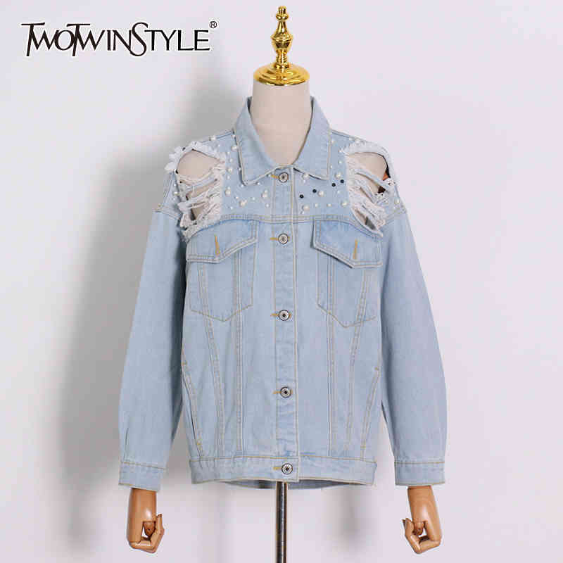 Denim Patchwork Pearl Jacket For Women Lapel Long Sleeve Hole Casual Jackets Female Fashion Clothing 210524, Blue
Denim Patchwork Pearl Jacket For Women Lapel Long Sleeve Hole Casual Jackets Female Fashion Clothing 210524, Blue