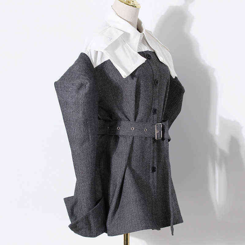 DEAT Women Gray High Street Patchwork Blazer Lapel Long Sleeve Loose Fit Jacket Fashion Autumn Winter GX907 211122