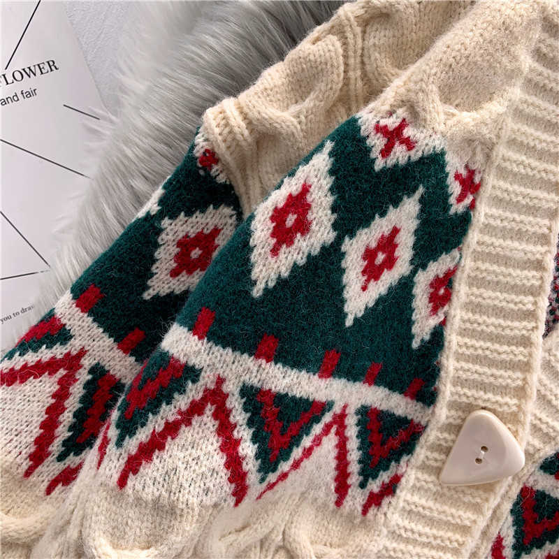 H.SA Winter Long Sweater Cardigans V Neck Button Up Casual Knitting Long Coat Warm Thick Argyle Vintage Knitting Jacket 210716