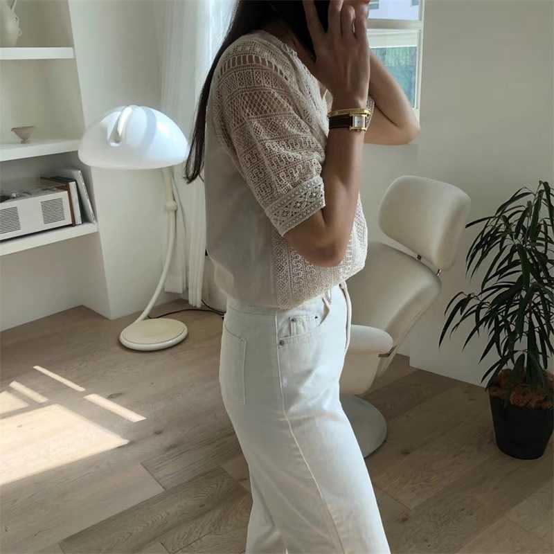 KUSHAIKI Chic Elegant Lace Shirt Women Korean Hollow-out Blouse Tops Summer Puff Sleeve O-neck Blusas De Mujer 6J752 210603
